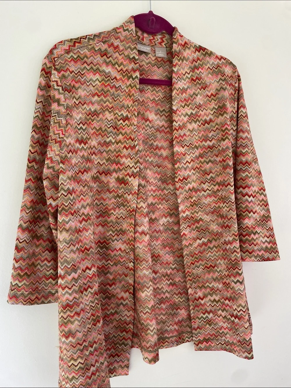 Chicos Travelers Wavy Chevron Open Front Cardigan in Coral & Olive 12/14